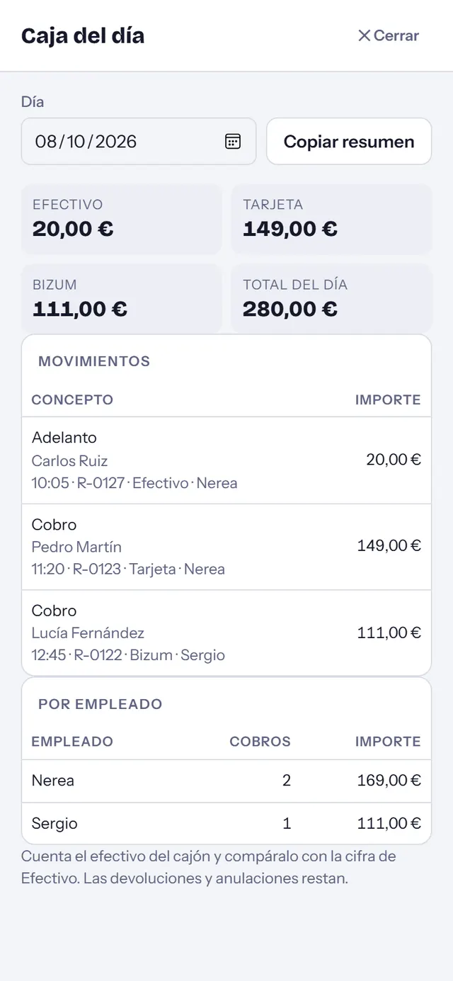 Caja del día en el móvil: totales por efectivo, tarjeta y Bizum, y los movimientos
