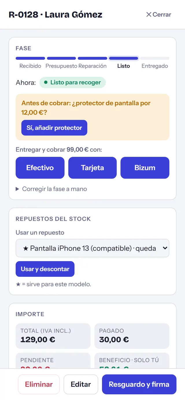 Ficha de una reparación en Zerp vista en el móvil: fase, importe, pagos y aviso por WhatsApp
