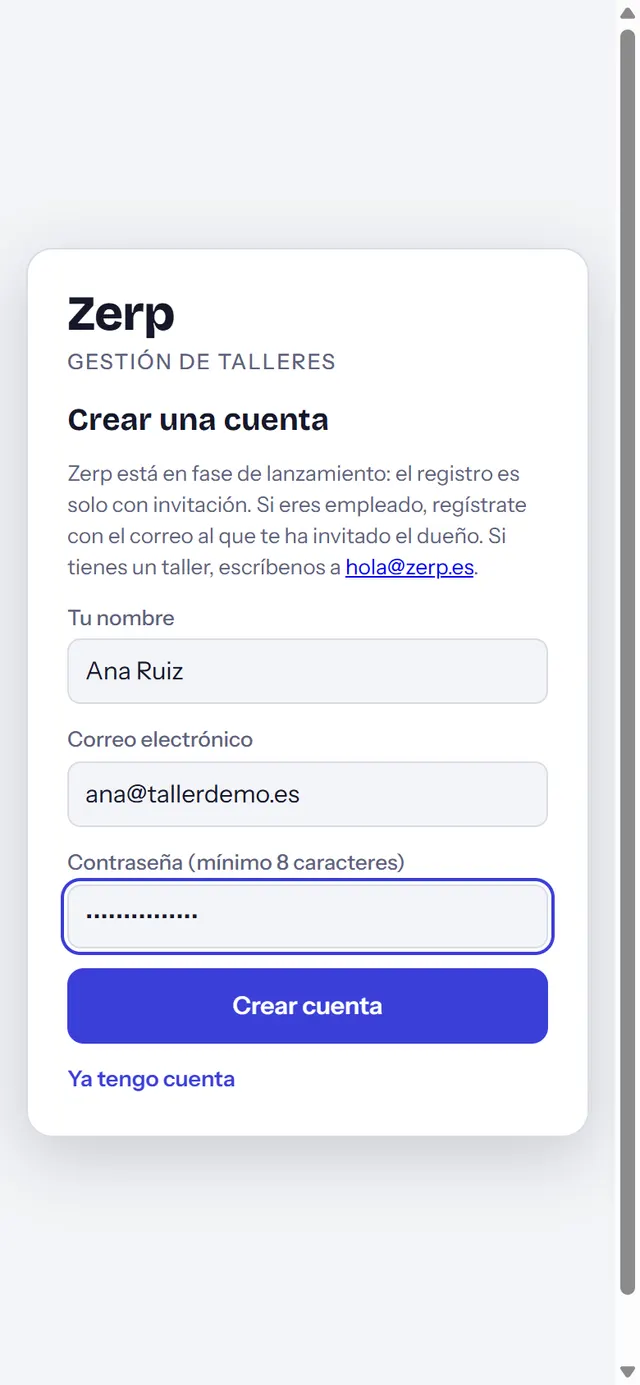 Pantalla «Crear una cuenta» de Zerp con nombre, correo y contraseña