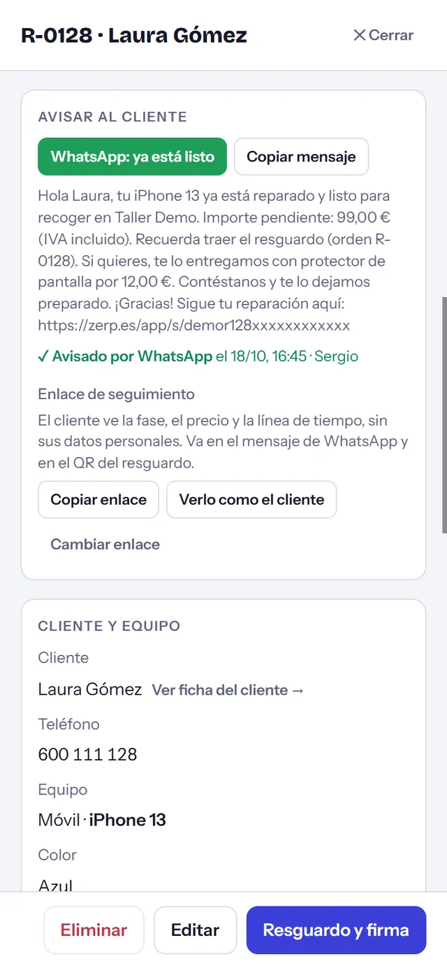 Ficha de la orden con el botón «WhatsApp: ya está listo» y el mensaje preparado
